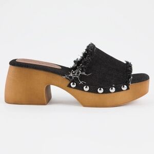 Rock & Candy Black Denim Mules with Wooden Heel